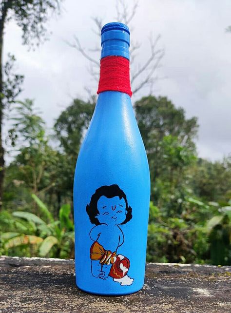 Krishna Bottle Painting, Krishna Painting On Bottle, Krishna Bottle Art, Glass Bottle Art Ideas Creative, Bottle Paintings, Bottles Decoration Diy, Beer Bottle Art, Bottle Art Projects, Bottle Paint