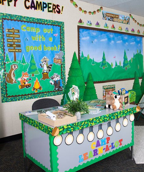 Camping Theme Preschool Classroom, Woodland Camper Decor, Camping Theme Classroom Decorations, Camp Theme Classroom, Classroom Themes Camping, Classroom Theme Camping, Campground Themed Classroom, Camping Theme Birthday Bulletin Board, Classroom Door Camping Theme