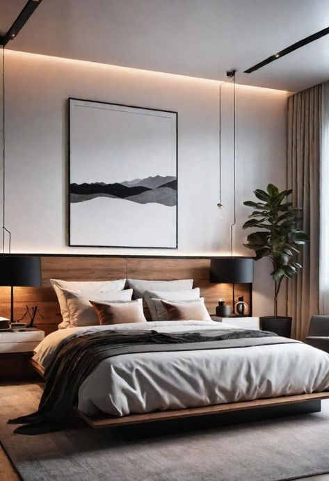 39 Modern Bedroom Designs: Where Comfort Meets Sleek Style 18 Small Modern Bedroom, Modern Guest Bedroom, Japandi Bedroom, Masculine Bedroom, Modern Minimalist Bedroom, Minimalist Bed, Dekorasi Kamar Tidur, Modern Bedroom Design, Bedroom Refresh