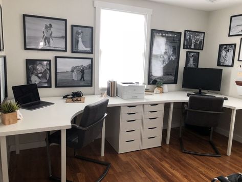 Office Space 2 Desks, Office Room Ideas For Couples, Two People Desk Setup, 2 Corner Desk Office, Home Office For 2 Layout, Office Interior Design For Two, His And Her Home Office Ideas, Couple Work Space Office Ideas, Shared At Home Office