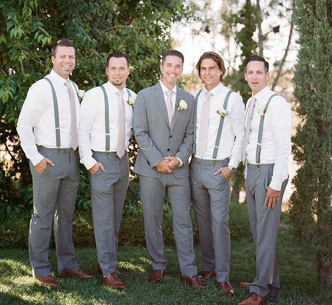 Gray Pants With Suspenders Wedding, Groomsmen Outfit, Wedding Ides, Wedding Groomsmen Attire, Grey Suspenders, Simple Wedding Bouquets, Groomsmen Grey, Mens Wedding Attire, Groom Wedding Attire