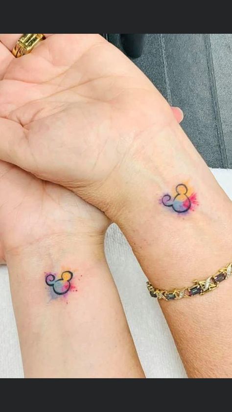 Watercolor Mickey Tattoo, Mickey Mouse Matching Tattoos, Disney Anklet Tattoos For Women, Small Matching Disney Tattoos For Best Friends, Mickey Minnie Tattoo Couple, Sister Tattoos For 2 Disney, Mom And Daughter Disney Tattoos, Disney Bff Tattoos, Couples Disney Tattoos