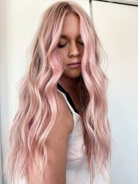 Pink And Platinum Blonde Hair, Pastel Pink Hair Balayage, Pale Pink And Blonde Hair, Dusty Pink Blonde Hair, Pink Hair For Summer, Blonde Hair With Pink Extensions, Pearly Pink Hair, Light Pink Halo Hair, Pink Hair Balayage Blonde