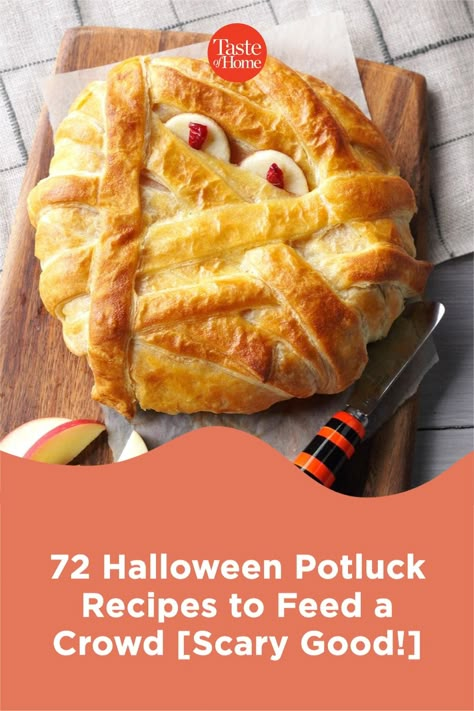 Fun Halloween Potluck Ideas, Halloween Potluck Recipes For Work, Halloween Potluck Side Dishes, Spooky Potluck Dishes, Halloween Office Luncheon, Halloween Potluck Food Ideas, Halloween Dinner For A Crowd, Halloween Recipes Potluck, Halloween Casserole Ideas