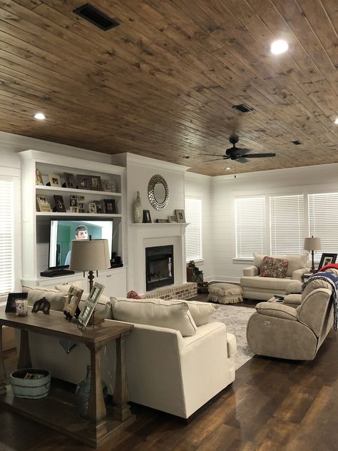 Light Grey Walls Wood Ceiling, Shiplap Walls And Wood Ceiling, Wood Ceiling Family Room, Shiplapped Living Room, Whitewashed Wood Ceiling With Beams, Wood Ceiling Ideas Farmhouse Style, Wood Ceiling With White Trim, Tongue And Groove Living Room Ceiling, Living Room Wood Ceiling Ideas