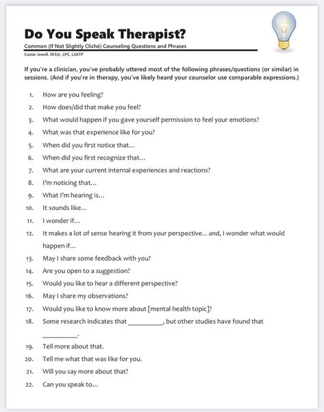 Psych Rehab Group Ideas, Talk Therapy Activities, Emotionally Focused Individual Therapy, Psychology Questions To Ask, Licensed Clinical Mental Health Counselor, Therapeutic Communication Techniques, Therapist Must Haves, Open Ended Questions Therapy, Therapy Preparation