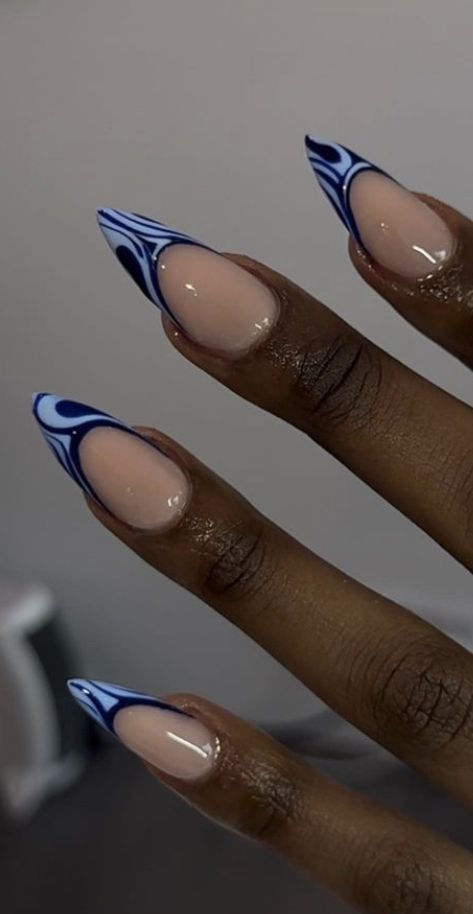 Blue Nail Inspo Acrylic Almond, Blue Acrylic Nails Almond, Almond Blue Nails, Summer Oval Nails, Nails Designs Almond, 25 Nails, Blue Almond Nails, Blue Stiletto Nails, Almond Acrylic Nails Designs