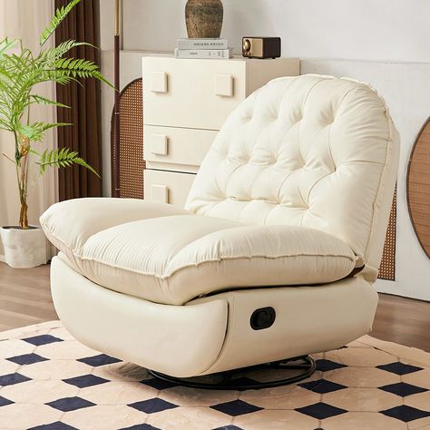 39.4" Modern Cream White Leather Upholstered Swivel  Recliner Chair with Adjustable Footrest 360° Swivel Rocking Glider Rocker for Living Room Sofa Cabin, Modern Recliner Chairs, Swivel Recliner Chairs, Modern Recliner, Glider Rocker, House Dream, Saint Mark, Swivel Recliner, Seating Arrangements