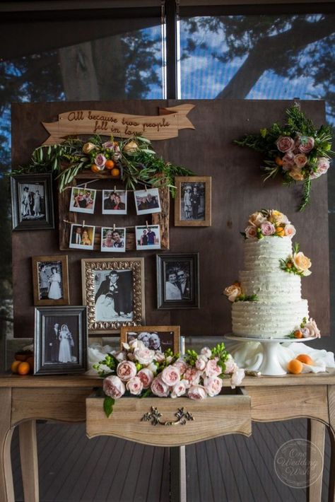 Home Wedding Ideas, Ideas Aniversario, Wedding Ideas On A Budget, Wedding Photo Display, Vintage Chic Wedding, Wedding Cake Display, 50th Wedding Anniversary Party, Wedding Anniversary Decorations, Deco Champetre