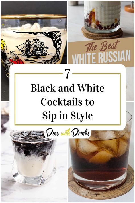 Collage of 4 black and white cocktails. White Russian Recipes, Black And White Cocktail, White Party Theme, Layered Drinks, White Drinks, White Cocktails, Specialty Cocktail, White Russian, White Cocktail