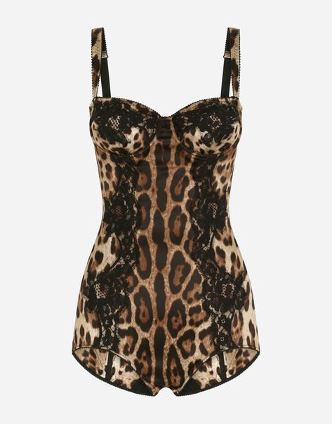 Silk balconette lingerie bodysuit with leopard-print lace details Leopard Bodysuit, Bodysuit Lingerie, Brown Silk, Sleeveless Bodysuit, Dolce E Gabbana, Women's Shapewear, Designer Lingerie, Sweetheart Neck, Dolce & Gabbana