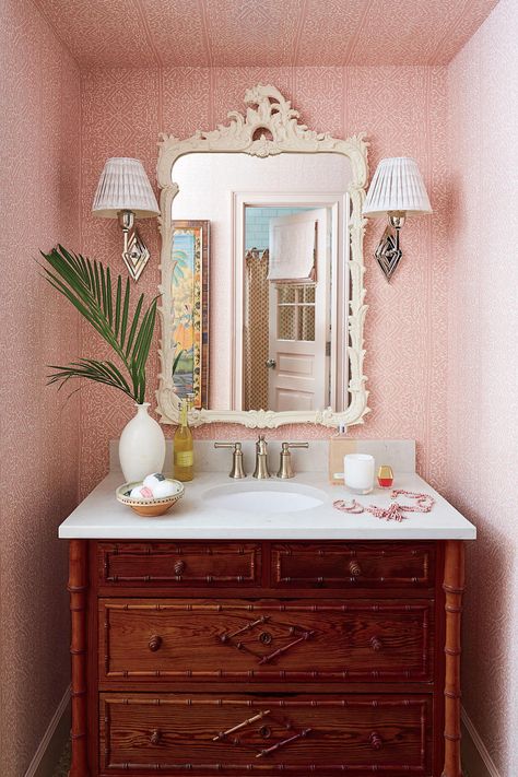 Southern Vanity Bathroom Cabinet Colors, Southern Living Homes, Southern Homes, Guest Bathrooms, Home Exterior, Southern Home, Bathroom Wallpaper, Trendy Home, Guest Bathroom