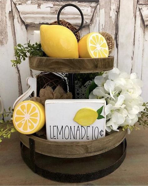 Galvanized Tiered Tray, Farmhouse Stand, Buffalo Plaid Table Runner, Tiered Tray Stand, Galvanized Tray, Lemon Kitchen Decor, Farmhouse Table Runners, Mini Signs, Lemon Kitchen