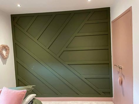 Olive green would accent wall with dusky blush skirting and architrave Olive Bedroom Accent Wall, Olive Green Board And Batten Wall, Olive Green Wood Accent Wall, Pink And Green Infantm Wood Accent Wall, Fern Green Accent Wall, Panelling Accent Wall, Skirting And Architrave, Blush Skirt, Bedroom Decor On A Budget