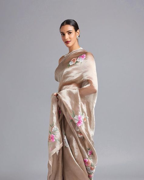 Contemporary Saree, Painted Saree, Saree Gowns, Onion Pink, Cotton Sarees Handloom, Saree Beautiful, Tissue Silk Saree, Sequin Saree, Grey Saree