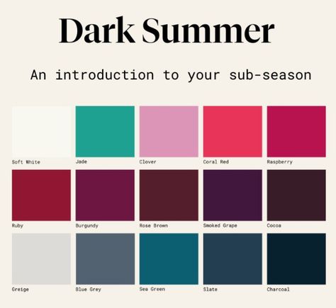 Dark Summer Capsule Wardrobe, Dark Summer Color Analysis, Soft Summer Dark Colors, House Of Colour Dark Summer Outfits, Deep Summer Color Palette, Dark Summer Color Palette, Color Analysis Summer, Shaded Summer, Deep Summer