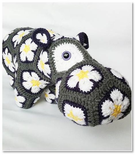 Hippo by MissWorld Heidi Bears Patterns Free, Heidi Bears Patterns, Granny Square Stuffed Animals, Crochet Flower Afghan, African Flower Animals, African Flower Crochet Animals, Heidi Bears, Hippo Pattern, Crochet Stuffed Toys