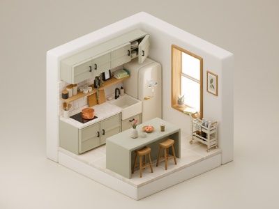 A small sage green 3d isometric kitchen made in Blender 3d Modeling Ideas, Urban Room Decor, Polygon Runway, Isometric Kitchen, Isometric Rooms, Blender Ideas, Apartemen Studio, 3d Kitchen Design, Urban Rooms