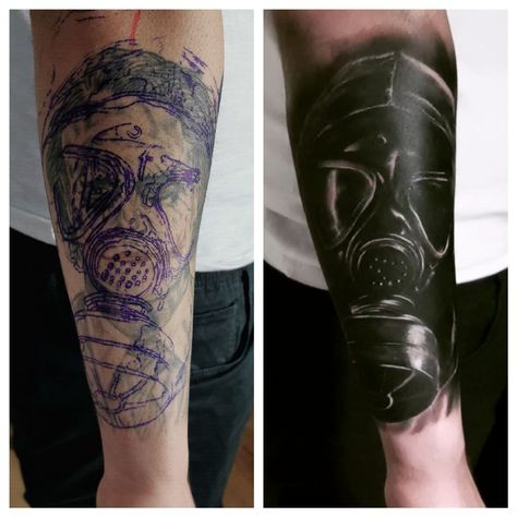 Gas Mask Tattoo Ideas, Cover Up Tattoos Leg, Cover Up Forearm Tattoos, Leg Cover Up Tattoos, Gas Mask Tattoo Design, Gas Mask Tattoo, Skull Sleeve Tattoos, Skull Sleeve, Myanmar Art