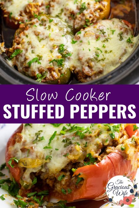 Stuffed Peppers In Slow Cooker, Stuffed Bell Peppers Ground Beef Crock Pot, Stuffed Peppers In Crockpot, Crock Pot Stuffed Bell Peppers, Stuffed Bell Peppers Slow Cooker, Meatloaf Stuffed Bell Peppers, Stuffed Bell Peppers Crockpot Recipe, Meal For New Mom, Stuffed Peppers Crockpot