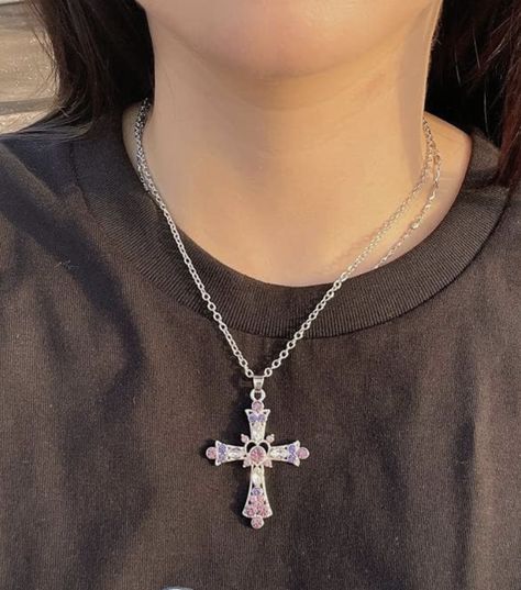 Pink Cross Necklace, Big Cross Necklace, Big Cross, Crucifix Necklace, Necklace Gothic, Crystal Cross, Pink Gem, Pretty Jewelry, Dream Style