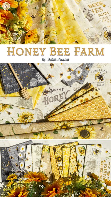 Available in July 2023! Honey Bee Farm by Timeless Treasures is a fun summer fabric collection filled with sunflowers, daisies, honeycombs, and compelling beekeeper motifs. This collection features 15 skus and is available for purchase by the yard and in fat quarters, 10" Squares, and 2-1/2" Strips. Bee Quilts, Fat Quarter Sewing Projects, Bee Quilt, Summer Sewing Projects, Honeycomb Fabric, Fabric Outlet, Bee Skep, Bee Fabric, Shabby Chic Fabric