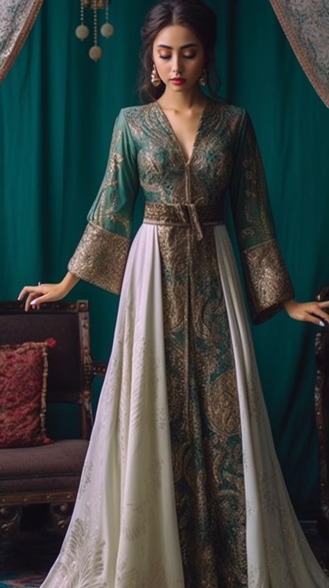 Modest Fantasy Dress, Arabian Inspired Outfit, Indian Royal Outfits, Arabian Dress Traditional, Fantasy Indian Clothing, Fantasy Arabian Clothes, Arabian Dress Fashion, Traditional Persian Clothing, Fantasy Royal Clothing