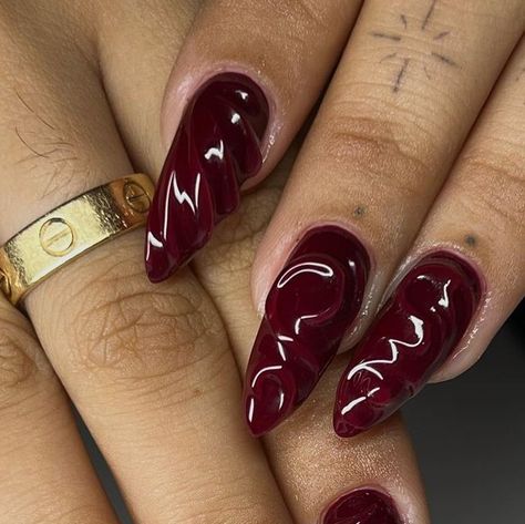 Cherry Wet Nails, Nail Designs Every Nail Different, Red Cool Nails, Cherry Cola Nails Designs, Red Textured Nails, Black Cherry Red Nails, Red Nails With Art, 3d Red Nails, Asian Nails Designs