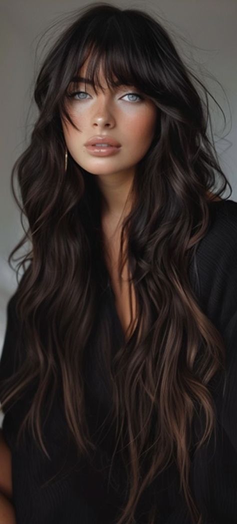 Dark Hair Beach Waves, Moody Hairstyles, Jet Black Hair With Bangs, Long Hair Photography, Brown Hair Shades, Beach Wave Hair, Hair Photography, Long Hair With Bangs, Long Wavy Hair