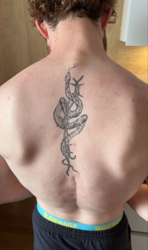 Back tattoo, snake, barbed wire, spine tattoo Barb Wire Tattoo Collarbone, Barbed Wire Snake Tattoo, Back Tattoo Snake, Barbed Wire Tattoo, Wire Tattoo, Barbed Wire Tattoos, Tattoo Snake, Rose Thorns, Barb Wire