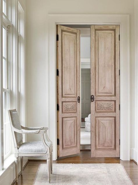 Interior French Doors Bedroom, European Doors Interior, Antique Sliding Doors Interior, Antique Closet Door, Antique Wood Doors, Antique Double Doors Interior, French Door Bathroom Entrance, Statement Interior Doors, Spanish Interior Doors