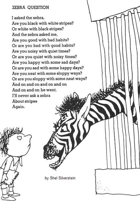 Zebra Question Silverstein Poems, Shel Silverstein Poems, Learn Handwriting, Where The Sidewalk Ends, Childrens Poems, Poetry For Kids, Ap Spanish, Shel Silverstein, Kids Poems