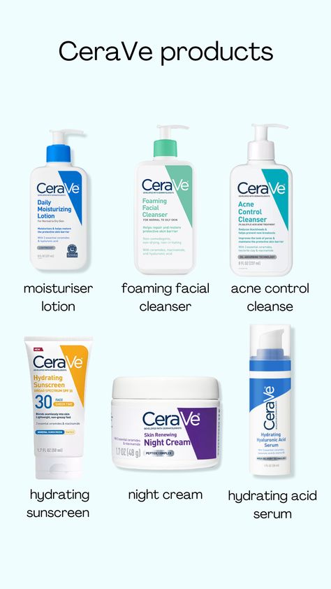 the products in the picture:
moisturizer lotion
foaming facial cleanser
acne control cleanser
hydrating sunscreen
night cream
hydrating acid serum Cerave Skincare For Normal Skin, Cerva Skincare Aesthetic, Skin Care Products Cerave, Cera Ve Sunscreen, Cerave Skin Care, Cerave Sunscreen, Cleanser Products, Cerave Products, Cerave Moisturizer