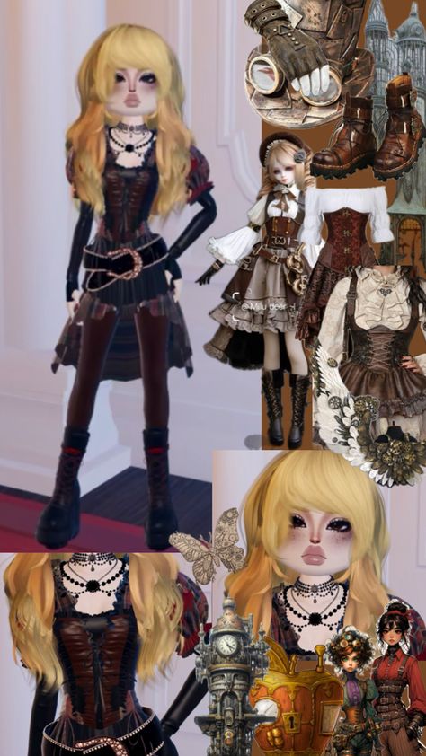 Theme: steampunk #dti #theme #steampunk #dresstoimpress #roblox #viral Steampunk Dress, Overlays Cute, Aesthetic Roblox Royale High Outfits, Game Dresses, Roblox Roblox, Steam Punk, Fantasy Clothing, Steampunk Fashion, Beautiful Outfits