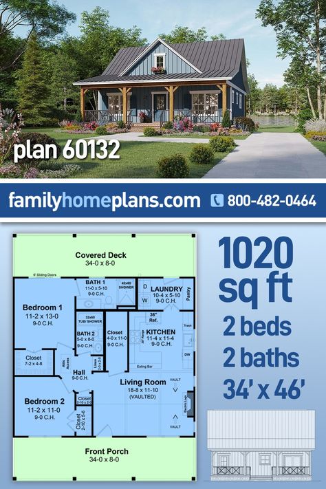 House Plan Garage On Side, Country House Layout Plans, Small House With Fireplace, Small 2 Bed 2 Bath House Plans, Back Porch Plans, Small Retirement Homes, 2bed 2 Bath Floor Plan, Small Lake Cabin Plans, 2 Family House Plans Layout