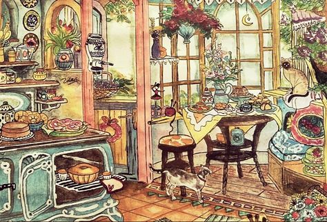 Paintings Of Kitchens, Vintage Kitchen Illustration, Cottage Illustration Fairytale, Cozy Cottage Drawing, Cottage Kitchen Drawing, Cozy Kitchen Illustration, Baking Art Illustration, Kitchen Illustration Drawings, Painting Of A Kitchen