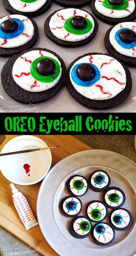 OREO eyeballs - DIY Halloween cookie treat - Easy to make and delicious to eat! Oreo Eyeballs, Eyeball Cookies, Halloween Cookie Treats, Eyeballs Halloween, Halloween Torte, Pasteles Halloween, Cookie Halloween, Halloween Oreos, Postres Halloween