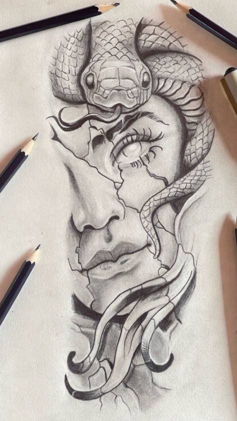 Sketch Of Medusa, Medusa Tattoo Holding Head, Female Faces Tattoo, Madussa Tattoo Design Leg, Biblical Arm Sleeve Tattoo Women, Pretty Neck Tattoos Women Side, Protector Tattoo Women, Medusa Tattoo Arm Sleeve, Tattoo Designs Leg Woman