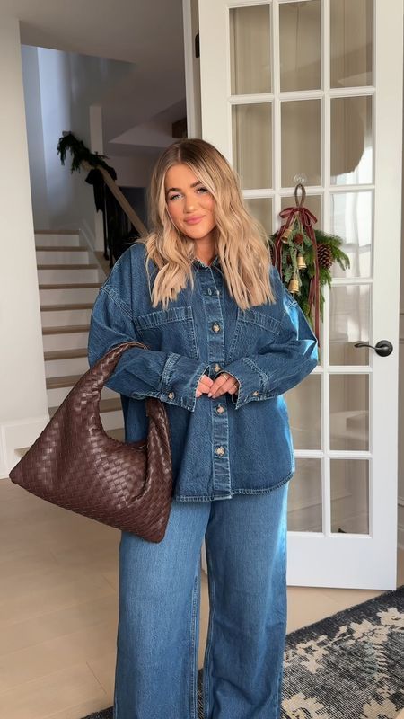 Oversized Denim Shirt curated on LTK Styling Denim Button Down Shirt, Large Denim Shirt Outfit, Oversized Jeans Outfit Women, Big Denim Shirt Outfit, Oversized Button Up Shirt Outfit Plus Size, Denim Button Up Shirt Outfit, All Denim Outfits For Women, Denim On Denim Outfit Winter, Oversized Denim Shirt Outfit