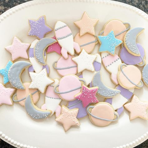 Four The Stars Birthday, Two The Moon Birthday Cookies, Over The Moon Party Theme, Pink Space Birthday Party, Girly Space Themed Birthday Party, Pink Space Party, Girly Space Party, Reach 4 The Stars Birthday Girl, Two The Moon And Back Birthday Party