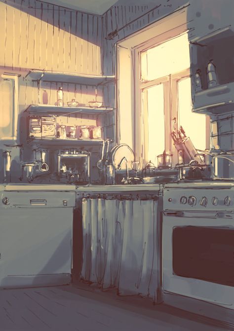 nice Kitchen Background Illustration, Morning Lighting Reference, Kitchen Illustration Drawings, Apartment Illustration, Kitchen Illustration, Muted Palette, Bg Design, Japon Illustration, Interior Illustration