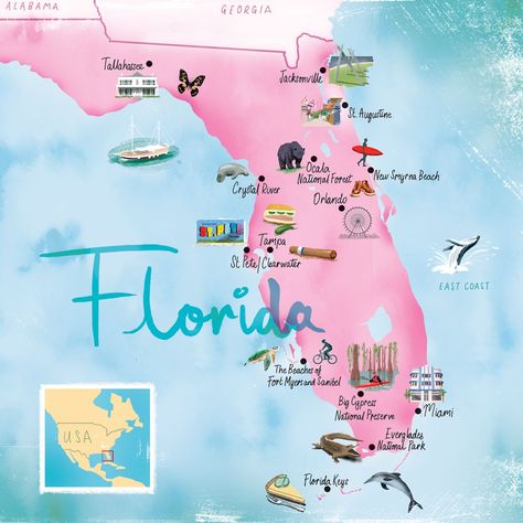 Orlando Map, Miami Map, Illustrated Maps, Channel Islands National Park, The Everglades, Inspired Illustration, Orlando Travel, Map Of Florida, Senior Trip