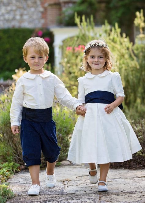 Flowergirl and Pageboy in Amelia Brennan Pageboy Outfits, Silk Flower Girl Dress, Peter Pan Shirt, Silk Bridesmaid Dresses, Junior Bridesmaids, Bridesmaid Sash, Ivory Flower Girl, Ivory Flower Girl Dresses, Thai Silk