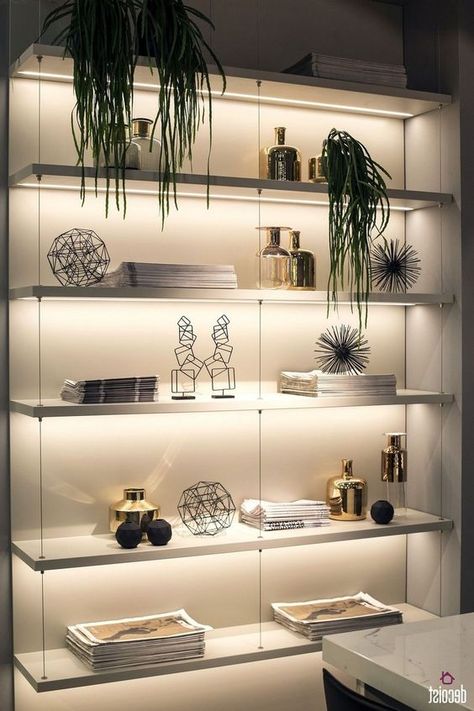 a wall shelving unit lit up with built in lights is a cool idea to make your objects on display at their best Led Strip Lights Kitchen, Led Shelf Lighting, Led Shelf, Wall Shelving Units, Sala Grande, Interior Led Lights, Shelf Lighting, Led Stripes, Led Strip Lights