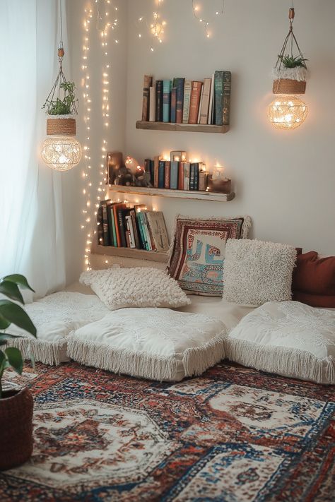 Floor Cushions Reading Nook, Cozy Book Nook Ideas, Small Office Reading Corner, Reading Chair Ideas, Girls Reading Nook Ideas, Renter Friendly Reading Nook, Reading Corner Ideas Bedroom, Reading Den Ideas, Tiny Reading Corner