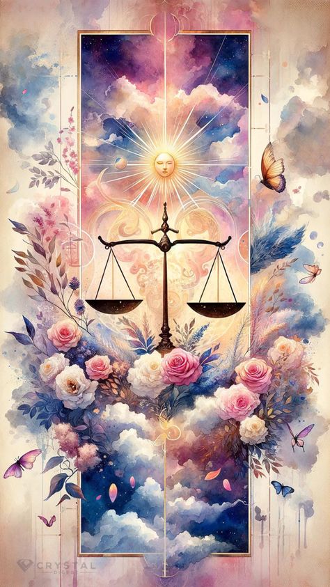 Embrace balance and harmony with this captivating metaphysical watercolor for Libra. Soft hues intertwine, reflecting the scales of justice and beauty. Let this artwork inspire your quest for equilibrium and inner peace. Libra Illustration, Libra Crystals, Libra Wallpaper, Indian Aesthetic Wallpaper, Astrology Artwork, Murmuration Art, Libra Art, Horoscope Art, Tarot Journal