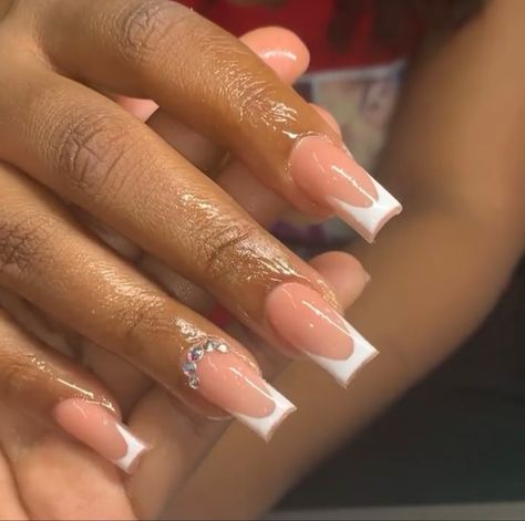 Boujee Nails Designs Short, French Tip With Rhinestones, Acrylic Nails Square, Square Gel Nails, Pink Tip Nails, Tapered Square Nails, Simple Gel Nails, French Tip Acrylic Nails, French Acrylic Nails