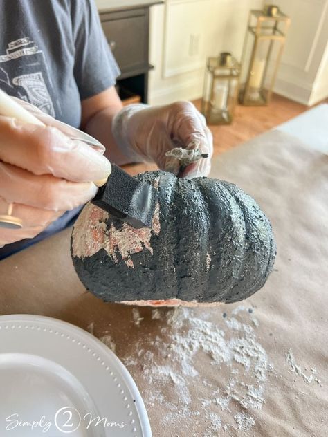 Diy Textured Pumpkins, Painted Faux Pumpkins, Painting Faux Pumpkins, Concrete Pumpkins, Pottery Barn Pumpkin, Pottery Barn Black, Fake Pumpkins, Plastic Pumpkins, Artificial Pumpkins