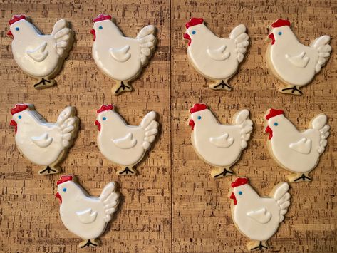 Chicken Shaped Cookies, Royal Icing Chicken Cookies, Chicken Decorated Cookies, Ffa Cookies Decorated, Chick Cookies Decorated, Chicken Cookies Decorated, Chicken Sugar Cookies, Barnyard Cookies, Animal Print Cookies