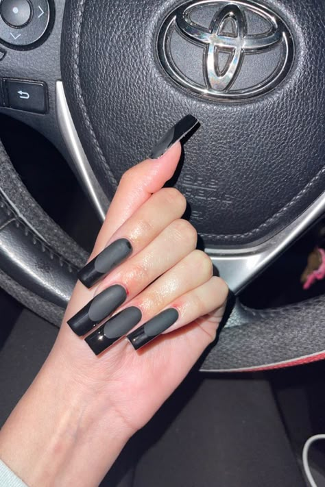 black french tip nails, matte nails, nail inspo, acrylic nails, black matte nails, black frenchies, matte nail ideas, nails inspiration Black Nails Half Matte, Mate Black French Tip Nails, Black French Tip Nails Matte And Glossy, Black Matte Glossy Tip, Matte Black Acrylics, Black Matte With Glossy Tips, Matt And Gloss Nails, Matte With Gloss Tip Nails, Black French Tip Matte